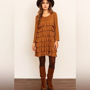 Isle by Meliz Kozan Faux Suede Chic Tiered Long Sleeve Dress  Brown Boho Fall